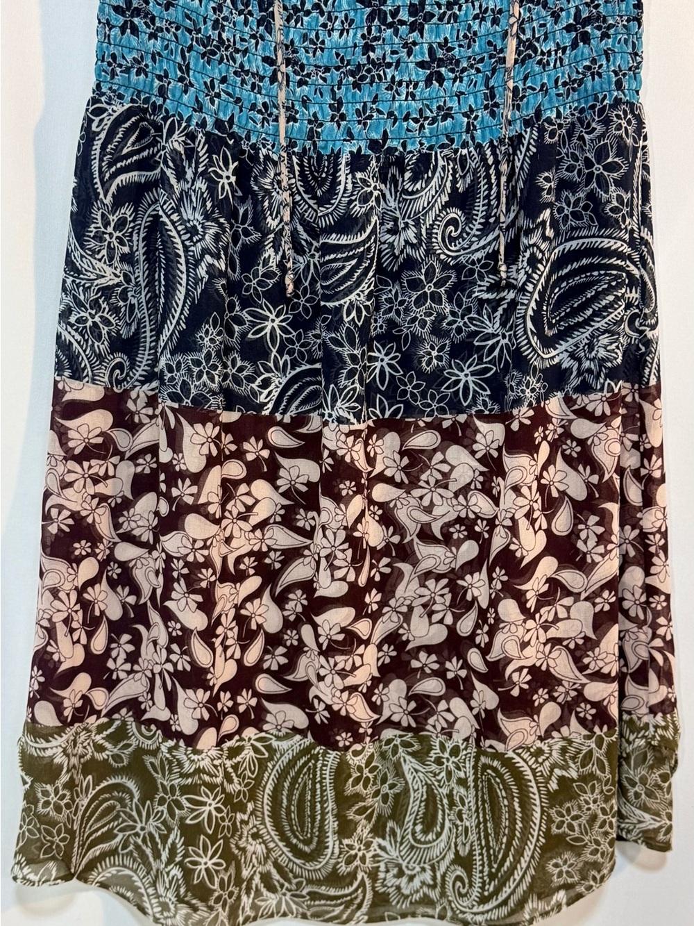 CAbi Dani Paisley Floral Patchwork Smocked Tiered Dress XS